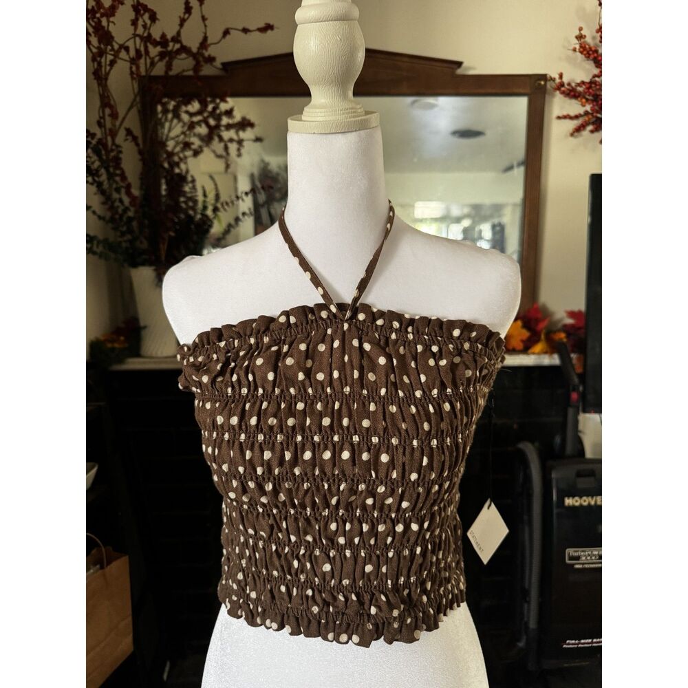 Statement Womens Brown Polka Dot Halter Top Smocked Linen Cotton Y2K Cottagecore